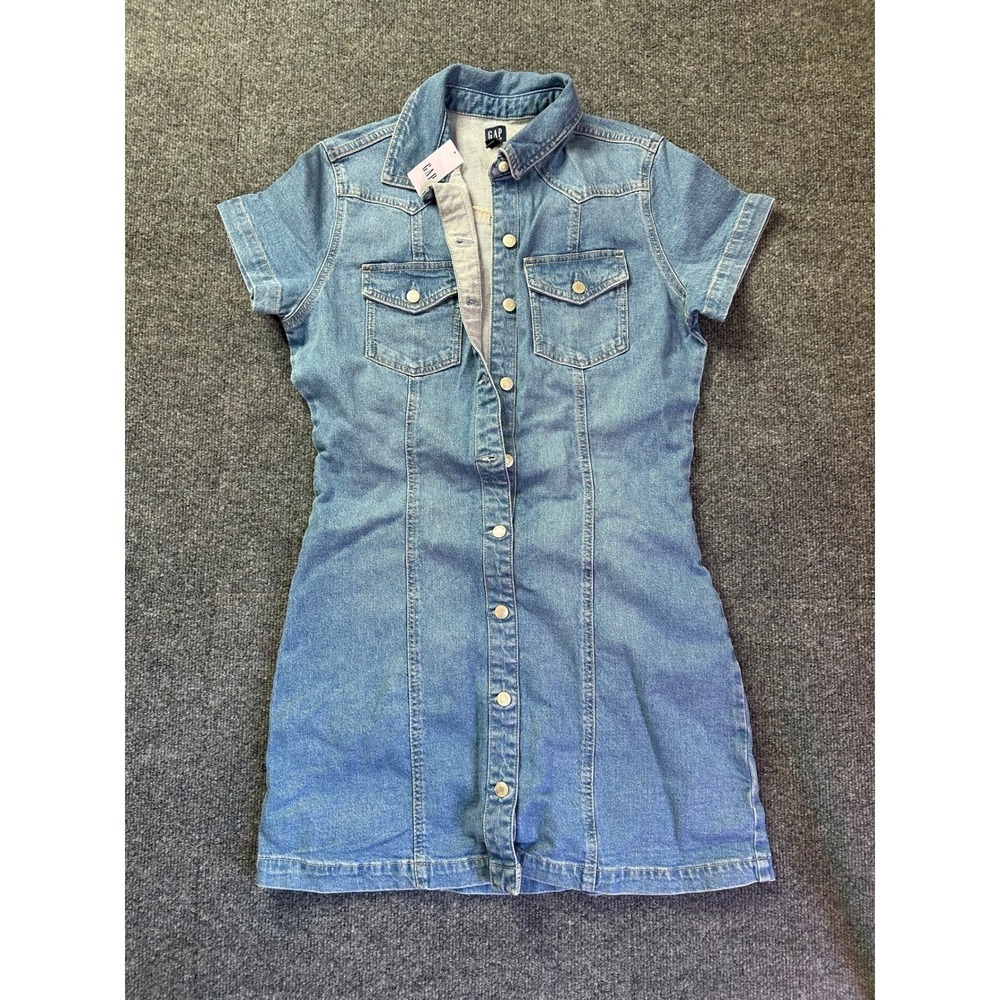 Gap Denim Dress Women Small Blue Short Sleeve Button Front Western Mini NWT